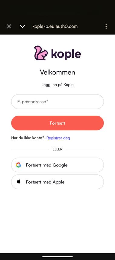 Innloggingsskjermen i Kople-appen
