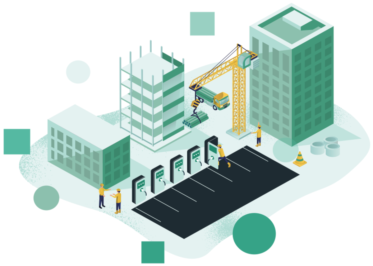 Isometric illustration of a construction site with skyscrapers, a construction crane, and electric cars charging in a parking lot.