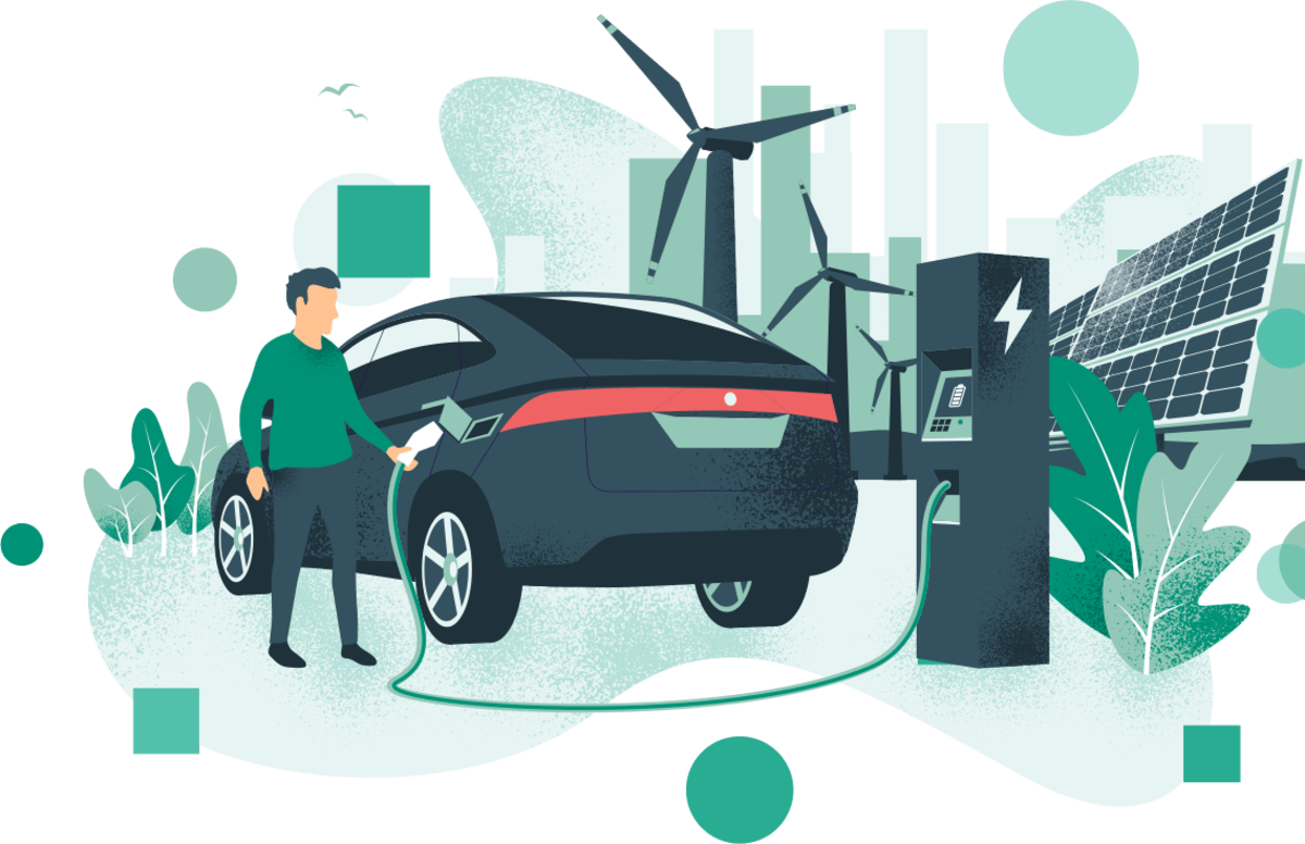Illustration of a man charging a modern electric car at a charging station powered by wind turbines and solar panels in an urban environment
