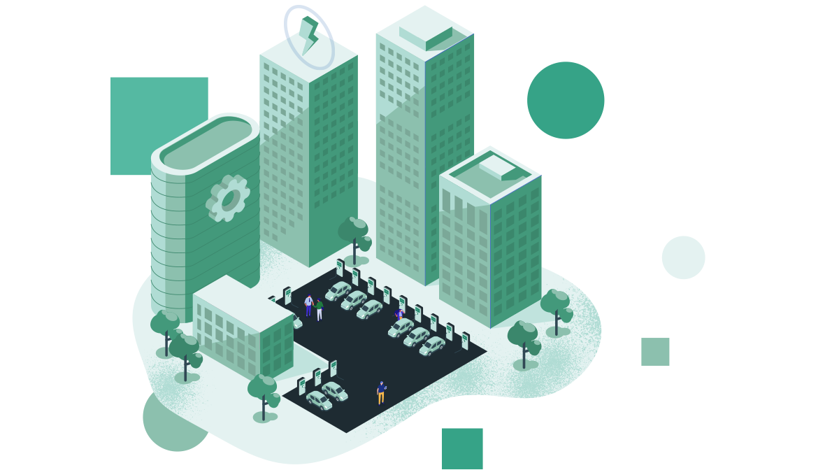 An isometric illustration of an urban scene with a focus on sustainable energy. Multiple tall buildings of various shapes and sizes, including a cylindrical building with a gear symbol and a square building with a battery symbol on the roof. In the center is a parking lot with electric cars being charged, with small humanoid figures scattered around. The illustration is in shades of green and blue, suggesting an eco-friendly and technologically advanced urban setting.