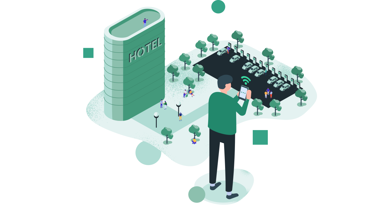 An isometric illustration of a modern hotel facility with technological integration. A man seen from behind in the foreground is operating a tablet displaying Wi-Fi signals, symbolizing connectivity or smart technology. The hotel is a tall, rounded building with 'HOTEL' written on its side. At the top of the hotel, there is a person in a pool area. To the right is a parking lot full of cars with Wi-Fi icons above them. The area is green with trees and small figures representing people scattered throughout the scene.The image shows a cheerful woman in the foreground holding a payment card and a smartphone with an open app. She is looking towards the camera with a broad smile. In the background, slightly blurred, a man stands next to a white electric car charging at a yellow charging station marked 'LYNLADER'. The scene takes place in a parking lot with urban surroundings in the background.