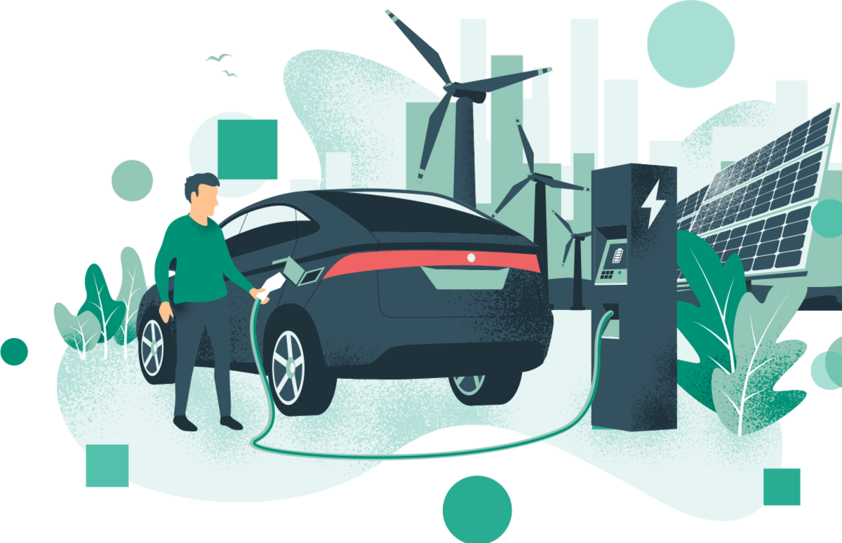 Illustration of a man charging a modern electric car at a charging station powered by wind turbines and solar panels in an urban environment.